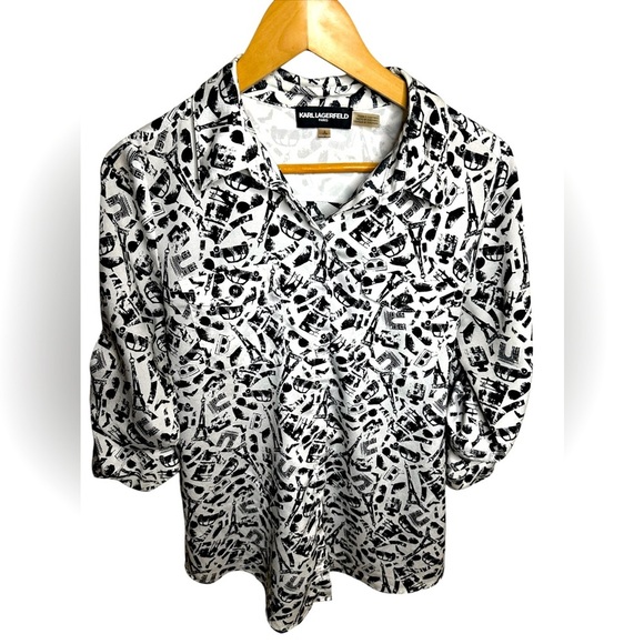 Karl Lagerfeld Paris Black & White Print Button-Up Shirt - Size S - Picture 2 of 6